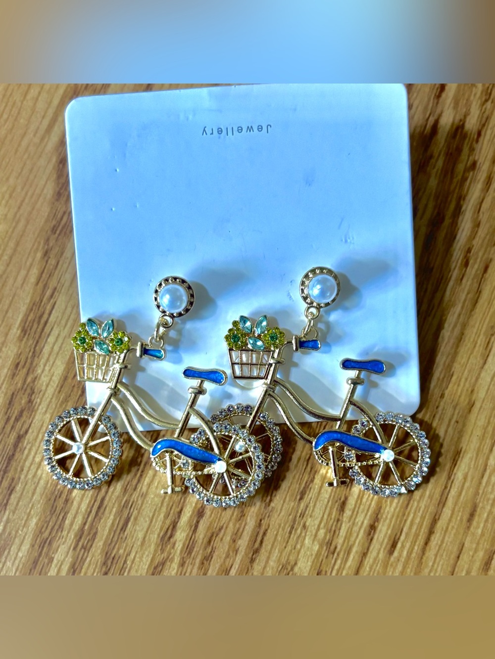 NIP Gold Bicycle Drop Earrings with Blue Enamel and Green Accents